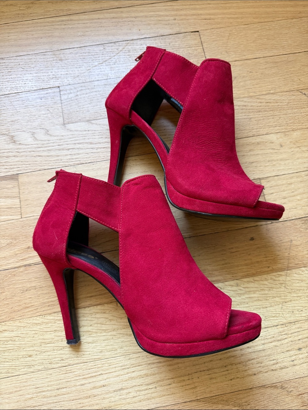 Red Suede Open-Toe Stiletto Booties